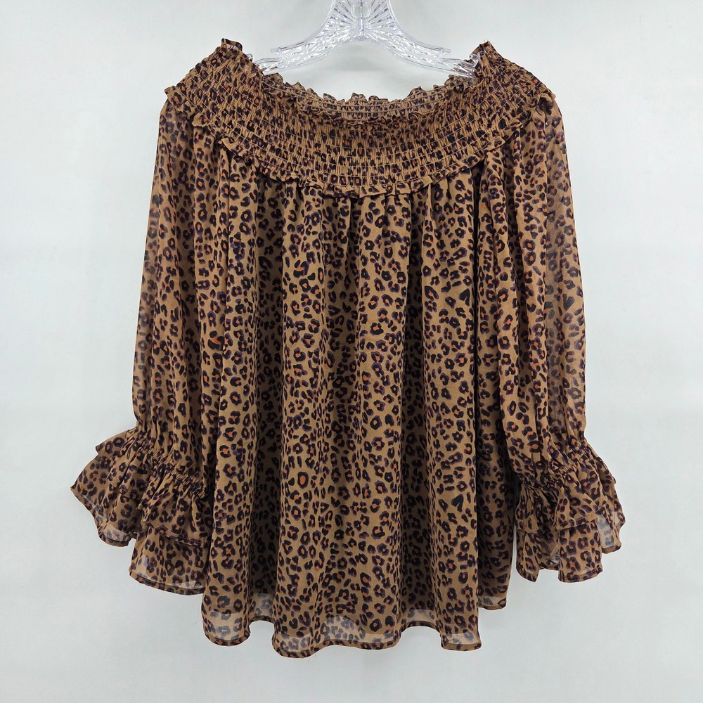 Rockin G Leopard‎ Print Blouse M Brown Smocked Ruffle Off Shoulder Boho Chic